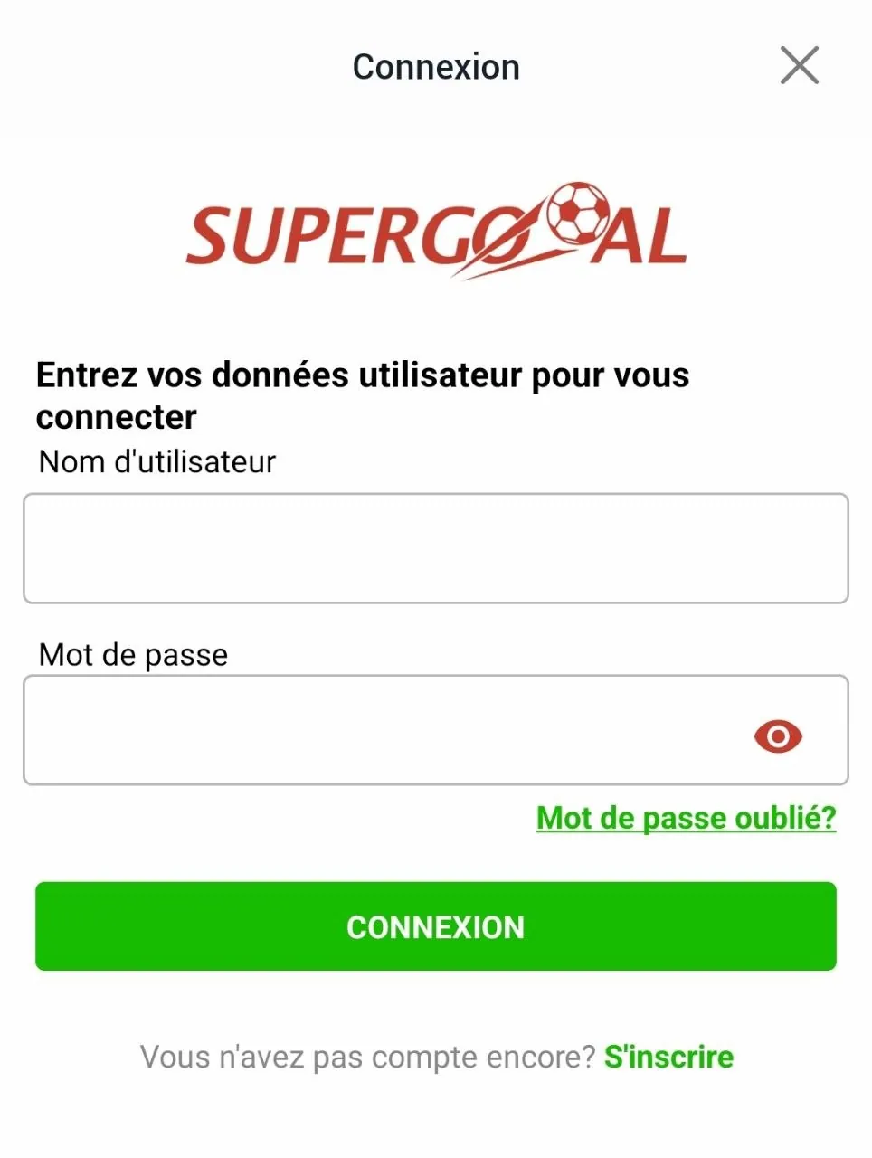 Écran de connexion Supergooal : nom d'utilisateur, mot de passe, lien mot de passe oublié et bouton Connexion