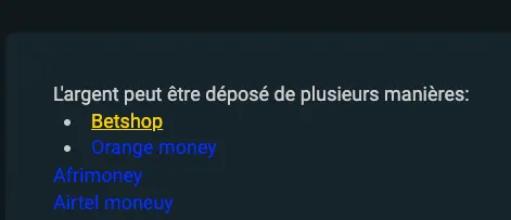 Section de dépôt de Supergooal avec Betshop, Orange Money, Afrimoney et Airtel Money