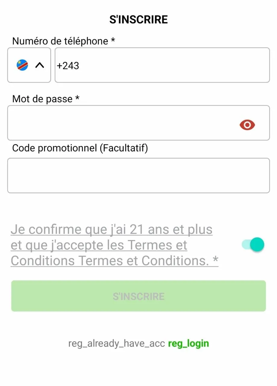 Formulaire d'inscription Supergooal : numéro de téléphone, mot de passe, code promotionnel et bouton S'inscrire