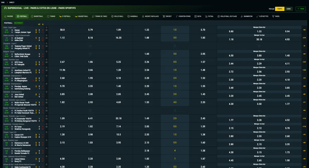 Page Live de Supergooal avec les matchs de football en direct, les scores et les cotes