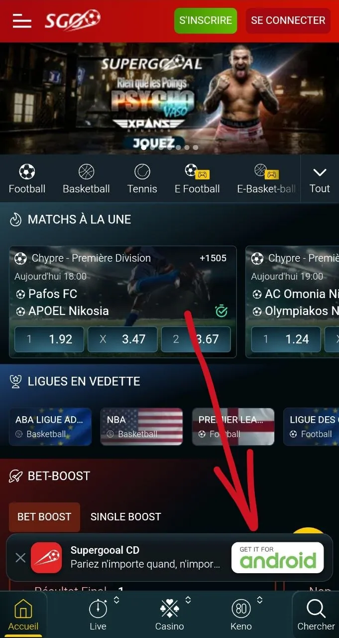 Site mobile Supergooal : bannière « Android » en bas de l'écran pour télécharger l'application