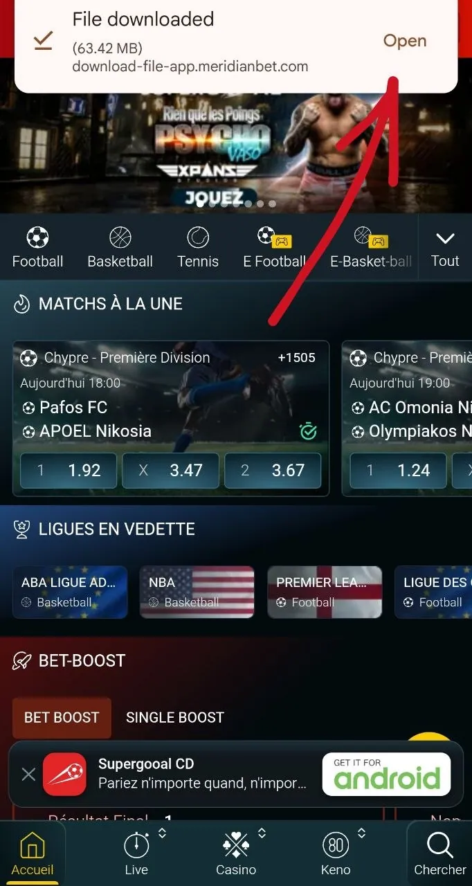 Notification Android « File downloaded » avec le bouton Open pour ouvrir l'APK Supergooal