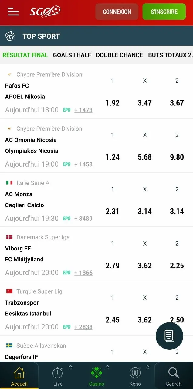 Application Supergooal : liste Top Sport avec les cotes 1X2 des matchs du jour
