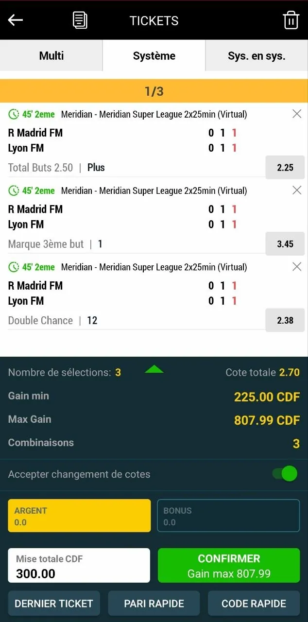 Ticket de paris de type système dans l'application Supergooal : sélections, cote totale et gain maximum