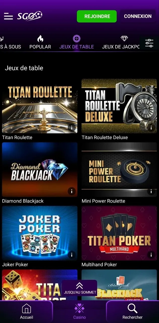 Jeux de table du casino Supergooal : Titan Roulette, Blackjack et Joker Poker