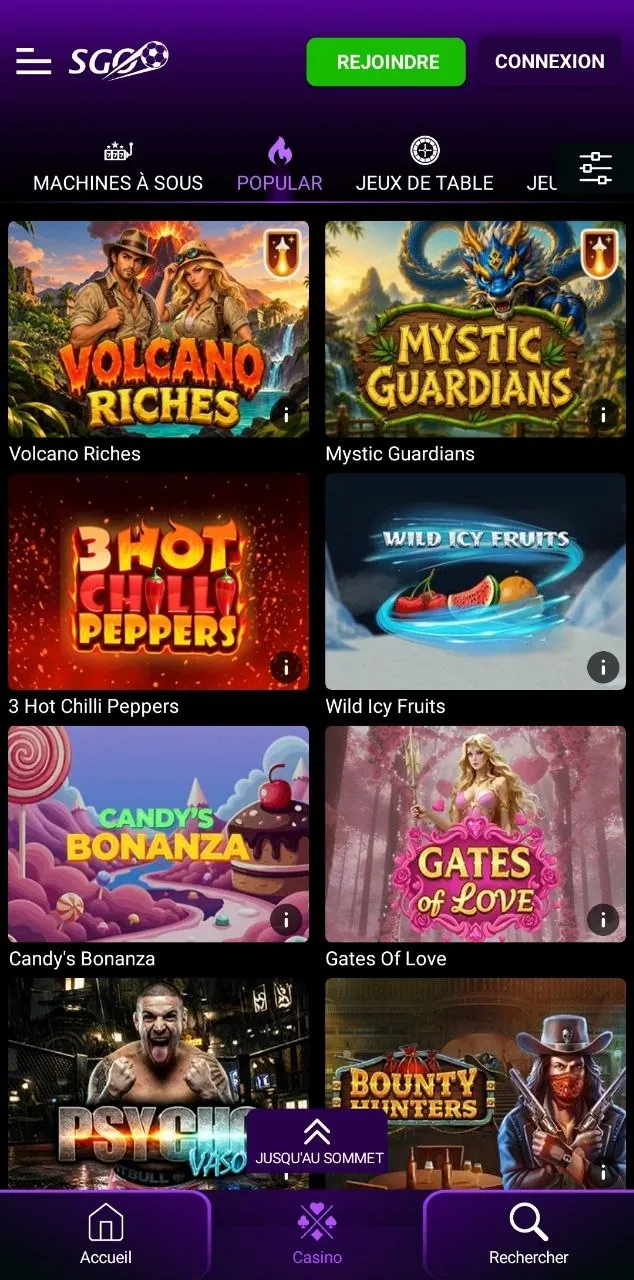 Machines à sous populaires dans l'application Supergooal : Volcano Riches, Mystic Guardians