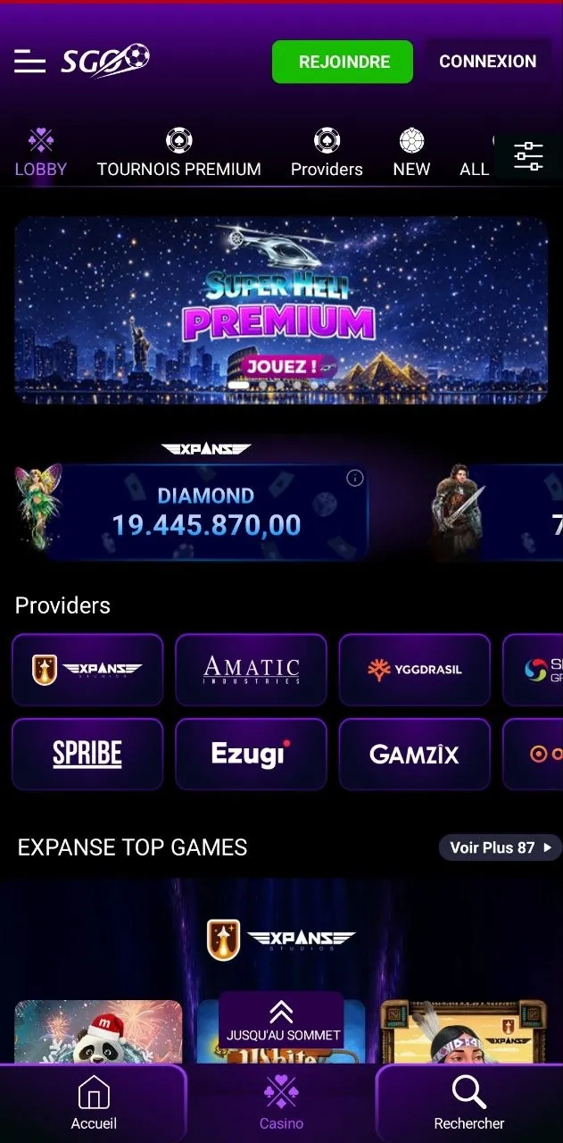 Lobby du casino Supergooal : tournois, fournisseurs de jeux et jackpot Diamond